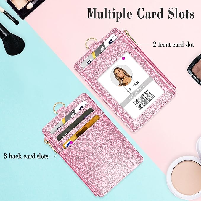 ID Badge Holder with Lanyard, Vertical Bling Shiny ID Badge Card Holder with 1 Clear ID Window, 4 Credit Card Slots, 1 Cash Coin Slot and a Detachable Neck Lanyard (Bling Pink)