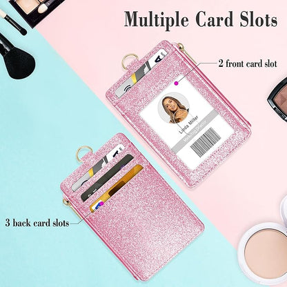 ID Badge Holder with Lanyard, Vertical Bling Shiny ID Badge Card Holder with 1 Clear ID Window, 4 Credit Card Slots, 1 Cash Coin Slot and a Detachable Neck Lanyard (Bling Pink)