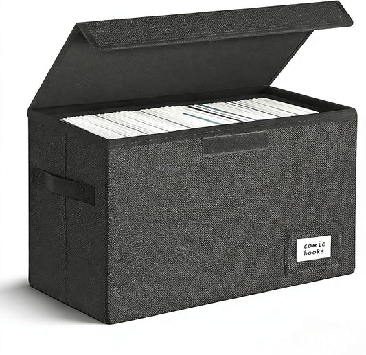 Leffis Comic Book Storage, Box 15.5" X 7.5" X 11.3", Collapsible Comic Short Box with Lids Holds 150 Comics Heavy Duty Comic Book Bin Container (1 pack, black)