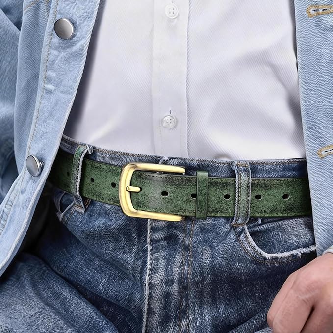 Men's Casual Leather Belt, Handmade Vintage Green Jeans Belt for Everyday Work Casual, Packed in Gift Box