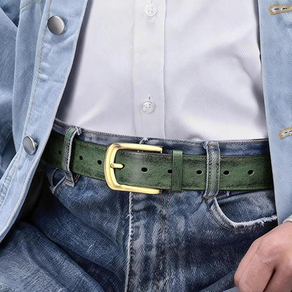 Men's Casual Leather Belt, Handmade Vintage Green Jeans Belt for Everyday Work Casual, Packed in Gift Box