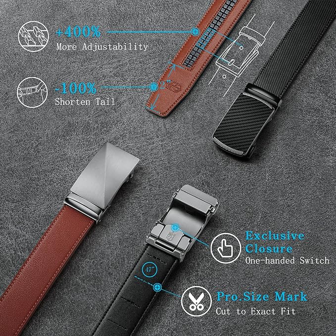 Zitahli Ratchet Belt for Men - 2 Packs Leather Mens belt For Gift Men Dress and Casual,Trim to Fit
