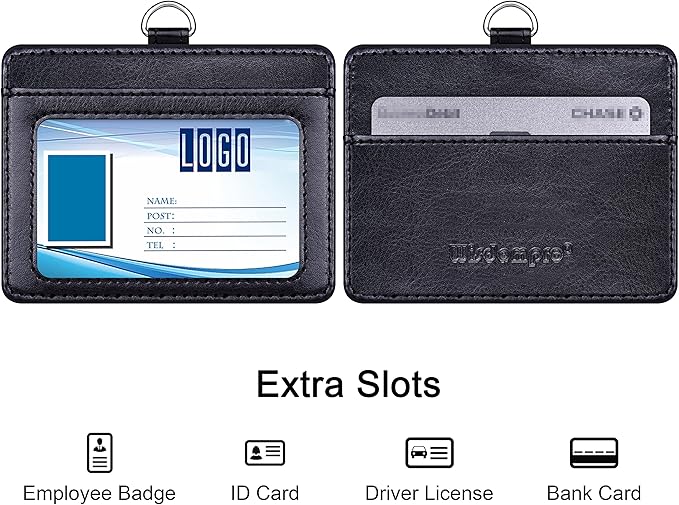 Wisdompro 2-Sided PU Leather ID Badge Holder with 1 ID Window and 1 Card Slot and 1 piece 23 Inch Adjustable Polyester Detachable Neck Lanyard Strap (Holds 3 to 4 Cards) - Black (Horizontal)