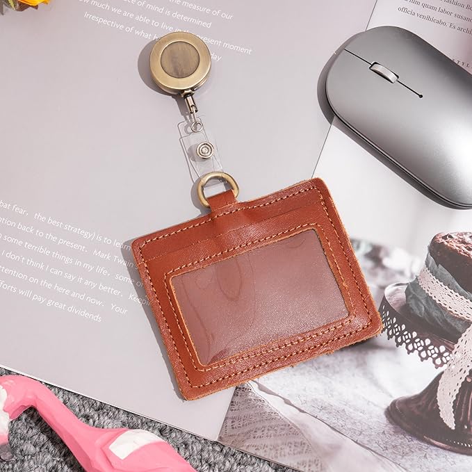 Wonderpool Leather Horizontal Badge Holder with Detachable Neck Lanyard and Retractable Badge Reel Clip, Card Slots Case ID Card Holder for ID Badges Card and Driver Licence (Red Brown)