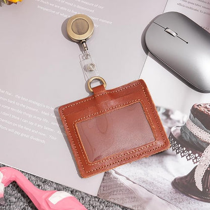 Wonderpool Leather Horizontal Badge Holder with Detachable Neck Lanyard and Retractable Badge Reel Clip, Card Slots Case ID Card Holder for ID Badges Card and Driver Licence (Red Brown)
