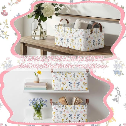 Boao 3 Pcs Watercolor Wildflowers Storage Bin Wildflowers Collapsible Large Storage Baskets for Gifts Canvas Laundry Basket Foldable Box with Handle for Office Home Bedroom Clothes