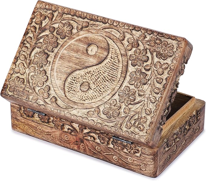 Ajuny Handcrafted Wooden Jewelry Box with Tai Chi Flower Carving – 8x5 Inch Treasure Chest for Keepsakes, Trinkets, Gifts, Decorative Storage Box for Men & Women, Home Organizer