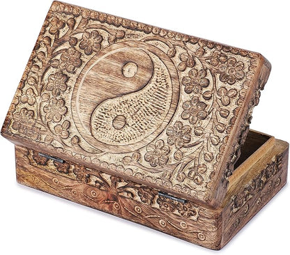 Ajuny Handcrafted Wooden Jewelry Box with Tai Chi Flower Carving – 8x5 Inch Treasure Chest for Keepsakes, Trinkets, Gifts, Decorative Storage Box for Men & Women, Home Organizer