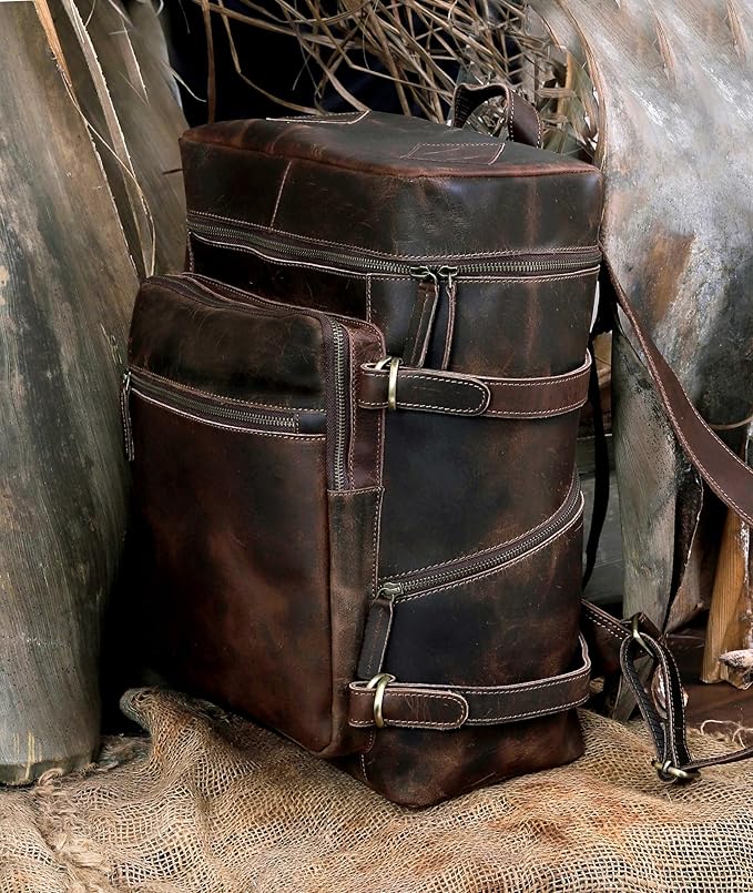HLC Leather Backpack Genuine Laptop Rucksack For Men Women Genuine Large Capacity Business Retro Travel Camping Daypack Bag (Brown)