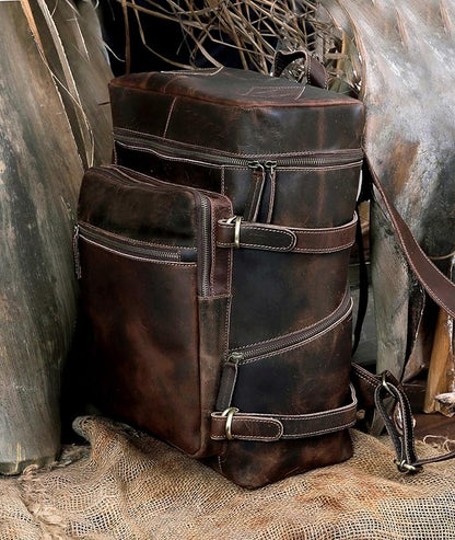 HLC Leather Backpack Genuine Laptop Rucksack For Men Women Genuine Large Capacity Business Retro Travel Camping Daypack Bag (Brown)
