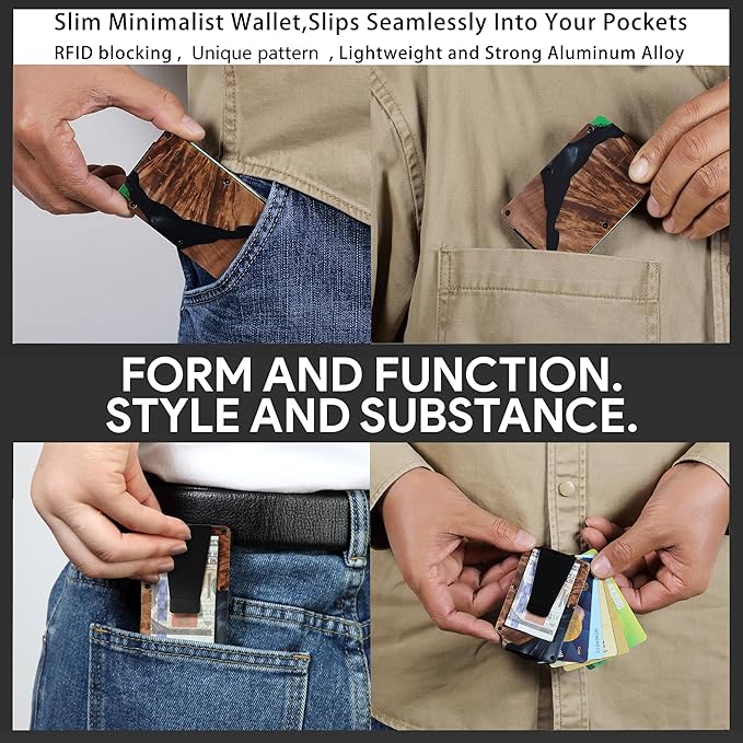 Minimalist Slim Wallet for Men,RFID Blocking Metal Wallet,Aluminum Credit Card Holder & Money Clip 12-15 Cards,Slim Rfid Front Pocket Mens Wallet,Resin Black