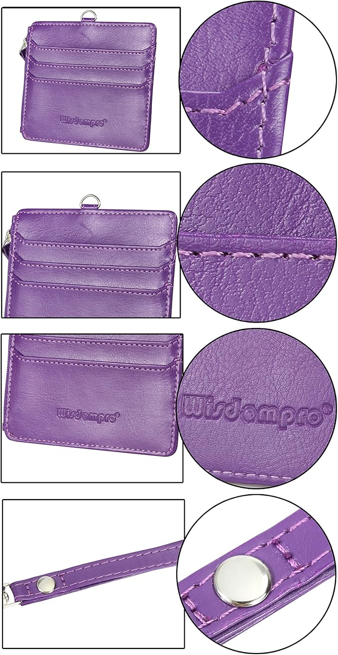Badge Holder with Zip, Wisdompro 2-Sided PU Leather ID Badge Holder with 1 ID Window, 4 Card Slots, 1 Side Zipper Pocket and 1 piece 20 Inch PU Neck Lanyard Strap - Purple (Horizontal)