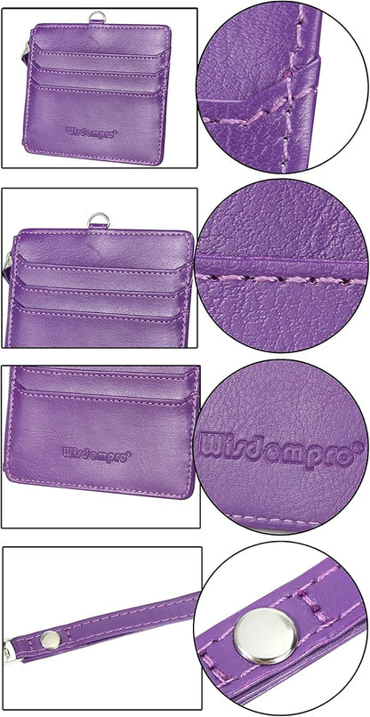 Badge Holder with Zip, Wisdompro 2-Sided PU Leather ID Badge Holder with 1 ID Window, 4 Card Slots, 1 Side Zipper Pocket and 1 piece 20 Inch PU Neck Lanyard Strap - Purple (Horizontal)