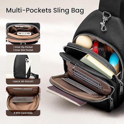 befen Genuine Leather Small Sling Bag for Women Anti-Theft Crossbody Chest Bags Multi-Pockets Fanny Pack with RFID Card Slots