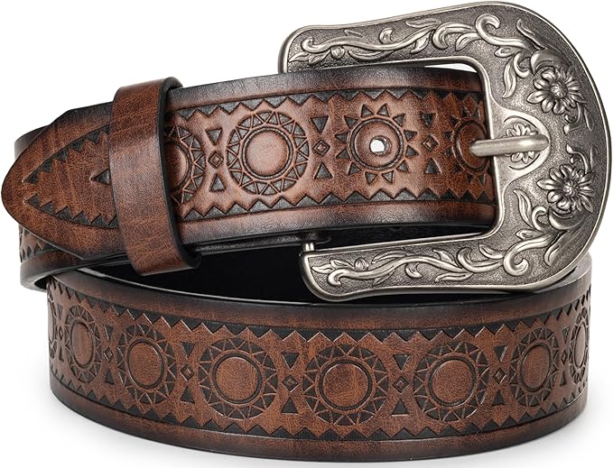 Mealah Vintage Western-Cowboy-Belt for Women Men - Carved Buckle PU Leather Waist Belts (for Waist 28"-38")