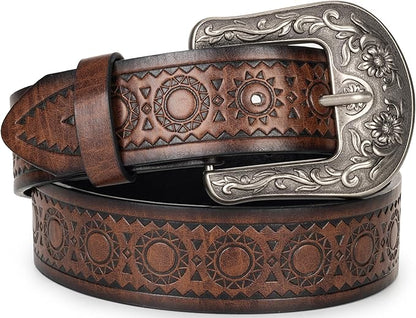 Mealah Vintage Western-Cowboy-Belt for Women Men - Carved Buckle PU Leather Waist Belts (for Waist 28"-38")