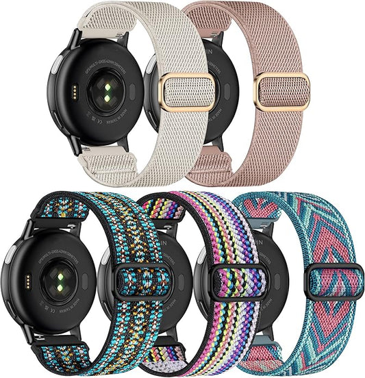 5 Pack Stretchy Nylon Watch Bands Compatible with Garmin Vivoactive 5/6/Forerunner 55/165,20mm Soft Elastic Fabric Adjustable Replacement Sport Straps for Garmin Venu Sq 2 Women Men