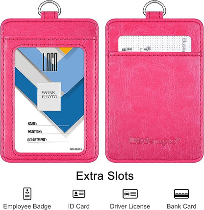 Badge Holder, Wisdompro 2-Sided PU Leather ID Badge Card Holder Wallet Case with 1 Clear ID Window and 1 Credit Card Slot and 22 Inch Quick Rlease Detachable Neck Lanyard Strap - Hot Pink (Vertical)