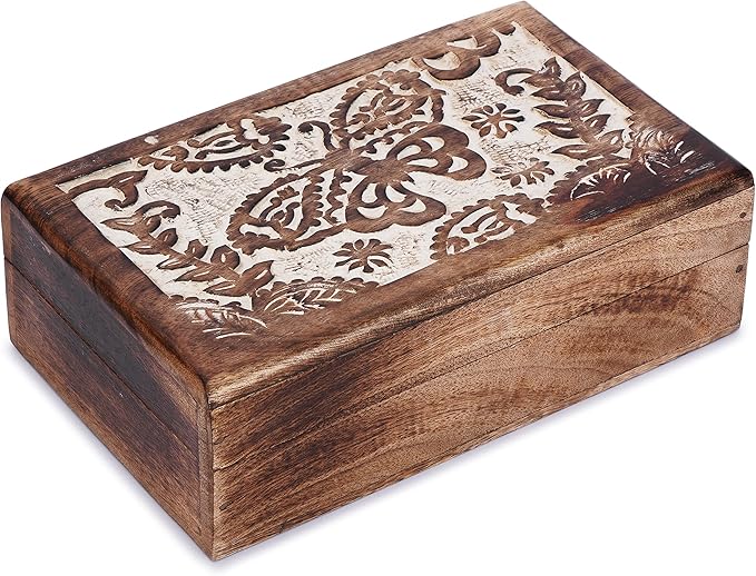 Ajuny Hand-Carved Mango Wood Jewelry Box 8x5 in – Butterfly Design Keepsake & Trinket Organizer, Vintage Decorative Chest with Hinged Lid (White/Brown) – Handmade Gift for Women & Girls