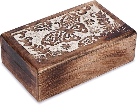 Ajuny Hand-Carved Mango Wood Jewelry Box 8x5 in – Butterfly Design Keepsake & Trinket Organizer, Vintage Decorative Chest with Hinged Lid (White/Brown) – Handmade Gift for Women & Girls