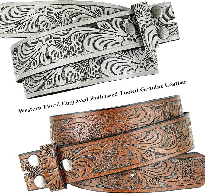 Western Floral Engraved Embossed Tooled Genuine Leather Belt Strap or Belt 1-1/2"(38mm) Wide, Multi-Style Options