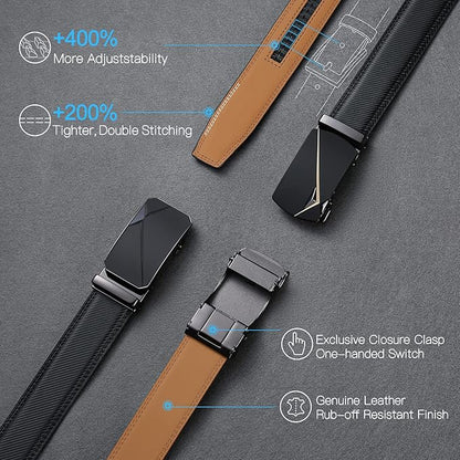SENDEFN Men's Leather Belt Automatic Ratchet Buckle Slide Belt for Dress Casual Trim to Fit with Gift Box