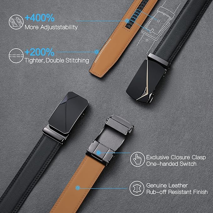 SENDEFN Men's Leather Belt Automatic Ratchet Buckle Slide Belt for Dress Casual Trim to Fit with Gift Box