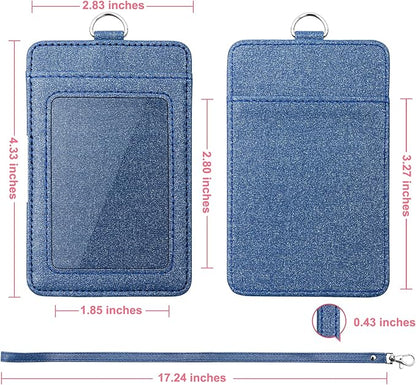 PU Leather ID Badge Holder, Life-Mate ID Badge Holder with 1 Clear ID Window 1 Credit Card Slot and PU Leather Lanyard for Badge Credit Cards College ID Cards in Glitter Blue