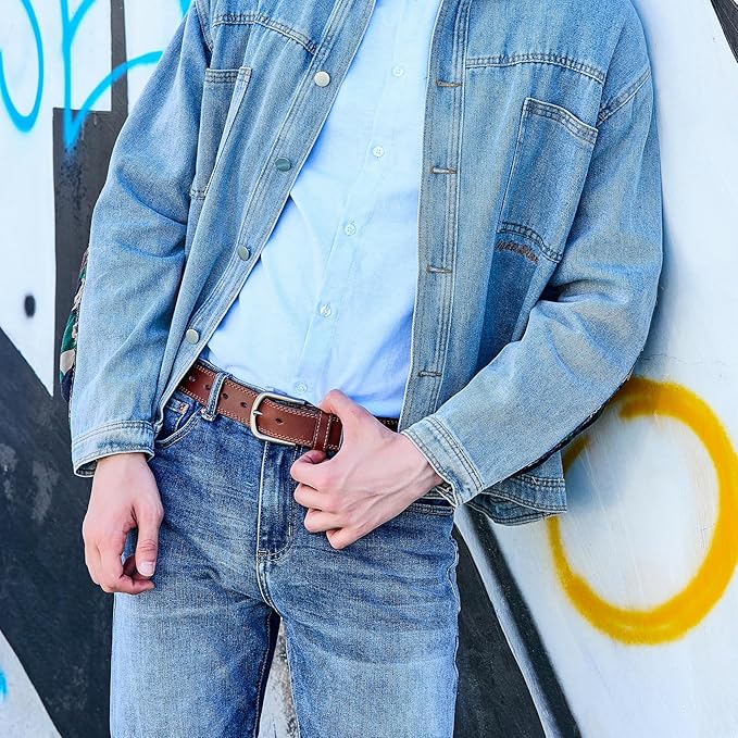 Men's Full Grain Leather Belt for Everyday Casual Jeans, 1.5" Handmade Men Leather Belts with Gift Box