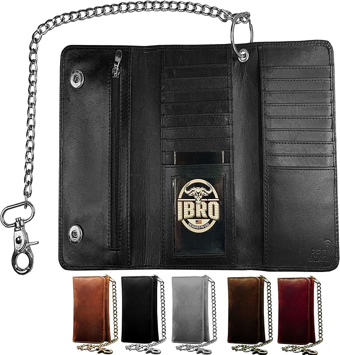 IBRO VINTAGE Motorcycle Chain Wallet for Men – Premium Cowhide Leather, RFID Tri-Fold Biker Wallet with Heavy Duty Chain for Bikers Truckers & Hunters, Credit Card Money Organizer Long Wallet | Long Trifold, RFID Blocking, Men's, Trucker Biker