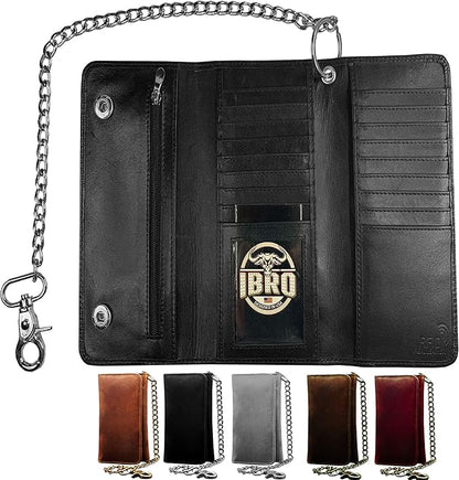 IBRO VINTAGE Motorcycle Chain Wallet for Men – Premium Cowhide Leather, RFID Tri-Fold Biker Wallet with Heavy Duty Chain for Bikers Truckers & Hunters, Credit Card Money Organizer Long Wallet | Long Trifold, RFID Blocking, Men's, Trucker Biker