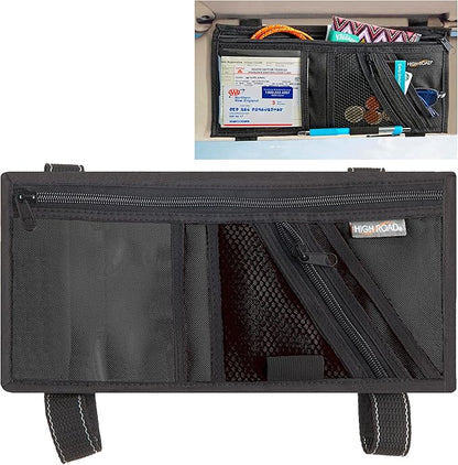 High Road Car Visor Organizer with Secure Zip Pockets, Sunglasses Holder and Clear Registration and Insurance Pocket - Heavy Duty Straps Fit Most Car, SUV and Truck Visors