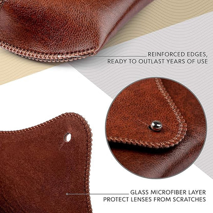 PU Leather Sunglass Case, Soft Premium Sunglasses Case Pouch Brown, Medium Big Glasses Holder For Men and Women