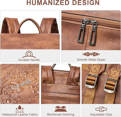 Leather Laptop Backpack for Women, 15.6 Inch Travel Backpack with Laptop Compartment, Casual Daypack Fashion Travel Backpack Purse for Travel College Work, Brown