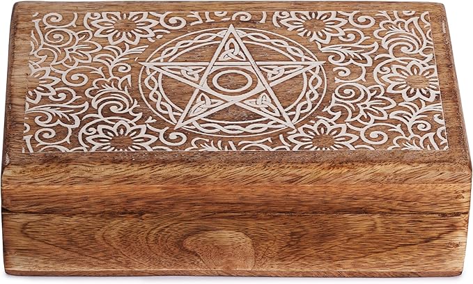 Ajuny Handmade Wooden Decorative Storage Box Star Floral Pattern Multipurpose Keepsake Treasure Chest Box for Memory Cards, Watches, Jewlery and Small Accessories Gift for Men and Women - 8X5 Inch