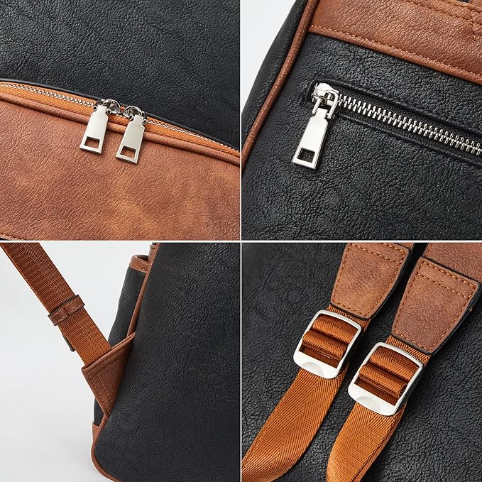 Telena Leather Laptop Backpack for Women Business Casual College Bags Black-Brown