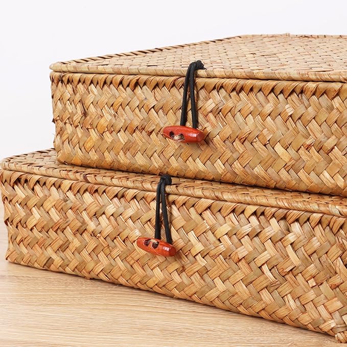 Moosky Flat Wicker Shelf Baskets with Lid, Seagrass Woven Basket Boxes for Storage Basket Bins Multipurpose Home Decor Organizer (Natural Large)