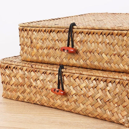 Moosky Flat Wicker Shelf Baskets with Lid, Seagrass Woven Basket Boxes for Storage Basket Bins Multipurpose Home Decor Organizer (Natural Large)