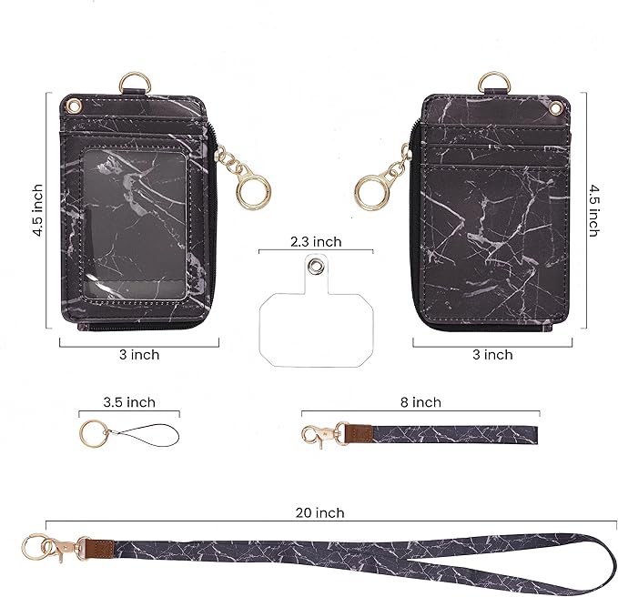 MONDO DESIGNS 2-in-1 ID Badge Holder & Lanyard Wallet - Multi-Use Womens Small Wallet with Removable Wristlet & Neck Lanyard, Clear Window, 5 Card Slots, Phone Holder, Ring Keychain - Black Marble