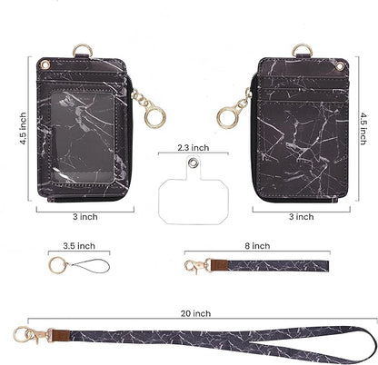 MONDO DESIGNS 2-in-1 ID Badge Holder & Lanyard Wallet - Multi-Use Womens Small Wallet with Removable Wristlet & Neck Lanyard, Clear Window, 5 Card Slots, Phone Holder, Ring Keychain - Black Marble
