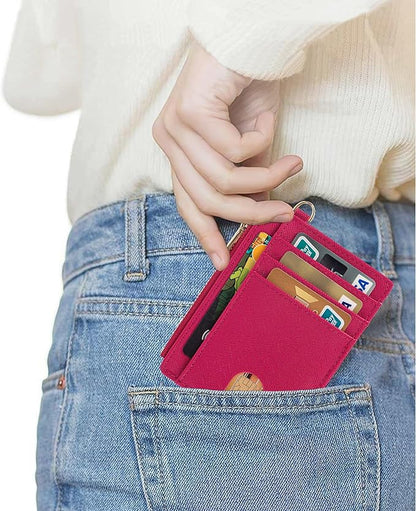 Suweibuke Slim Pocket Wallet, RFID Blocking Credit Card Holder Wallet with D-Shackle ID Window and Detachable keychain for Women (A-Burgundy Red)