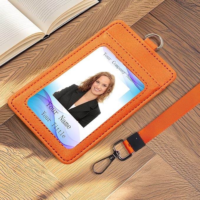 Leather Badge Holder with Adjustable Lanyards,Swivel Metal Clasp for Offices, Staff, Students, Employees (Orange)