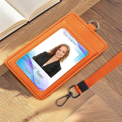Leather Badge Holder with Adjustable Lanyards,Swivel Metal Clasp for Offices, Staff, Students, Employees (Orange)