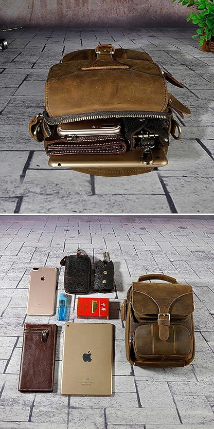 Le'aokuu Mens Genuine Leather Small Messenger Shoulder Satchel Phone Pouch Belt Waist Bag Pack