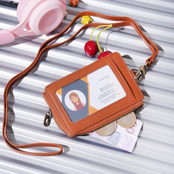 Wason Badge Holder Card Wallet Real Leather with Zipper, Detachable Neck Lanyard, Hand Strap, Retractable Badge Reel, Multi Purpose Case for ID Permit Badge Coin Key Driver's License (Brown)
