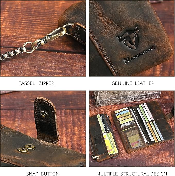 Genuine Crazy Horse Leather Travel Gift Coin Pocket Card Case Long Organizer Chain Rfid Wallet Purse With Snap For Men Male 1803 1815 (1803B-Brown)