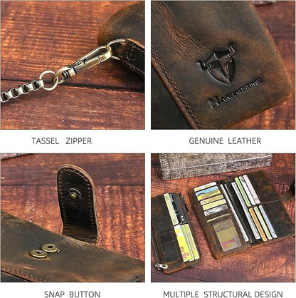 Genuine Crazy Horse Leather Travel Gift Coin Pocket Card Case Long Organizer Chain Rfid Wallet Purse With Snap For Men Male 1803 1815 (1803B-Brown)