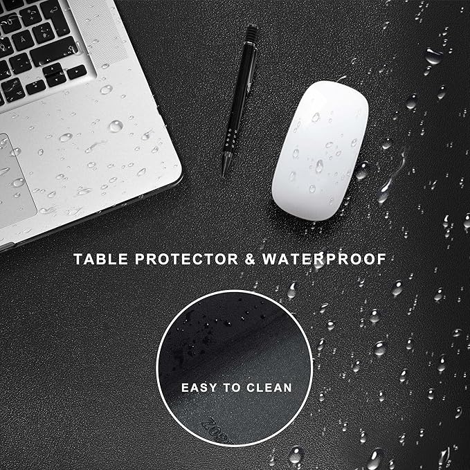 ZORESYN PU Leather Desk Mat Waterproof Anti-Oil Dining Table mat - 70.9" x 23.6" - Large Mouse Pad with Suede Base,Stitched Edges Office Desk Pad for Office & Home | Black