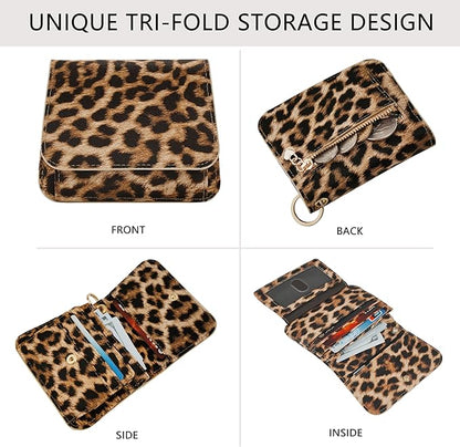 Women Small Wallet RFID Blocking Slim Wallet with Coin Pocket Tri-Fold Credit Card Holder with ID Window and Keychain (Leopard)