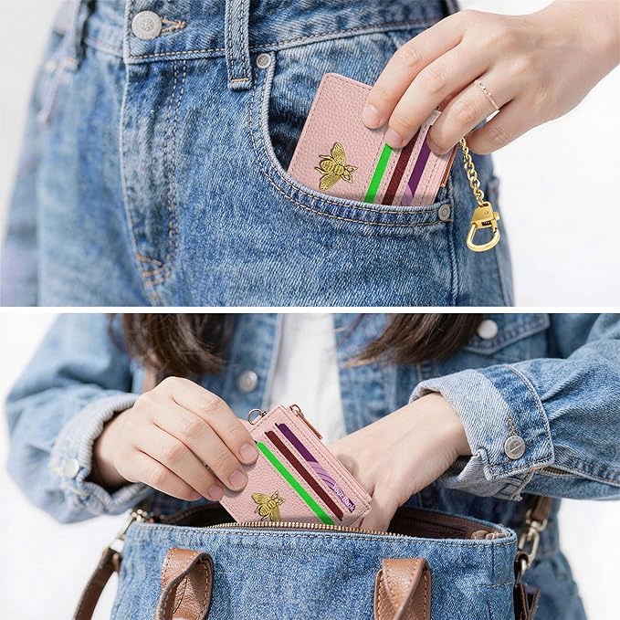 SEAVILIA Card Holder Keychain Wallet for Women with ID Window RFID Blocking Coin Purse Bee Gifts Slim Minimalist Small PU Leather